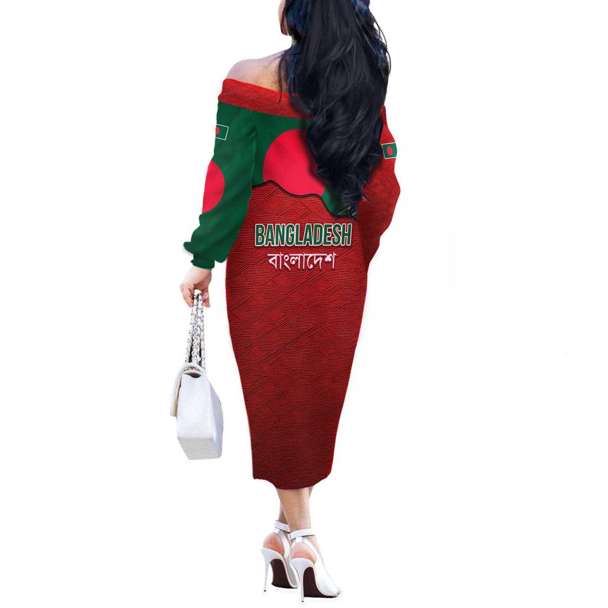 Bangladesh Off The Shoulder Long Sleeve Dress with National Flag Design and Bengali Script