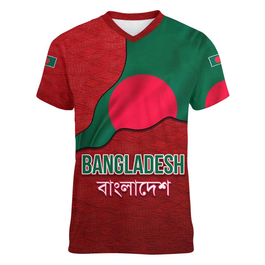 Bangladesh Women V-Neck T-Shirt with National Flag Design and Bengali Script