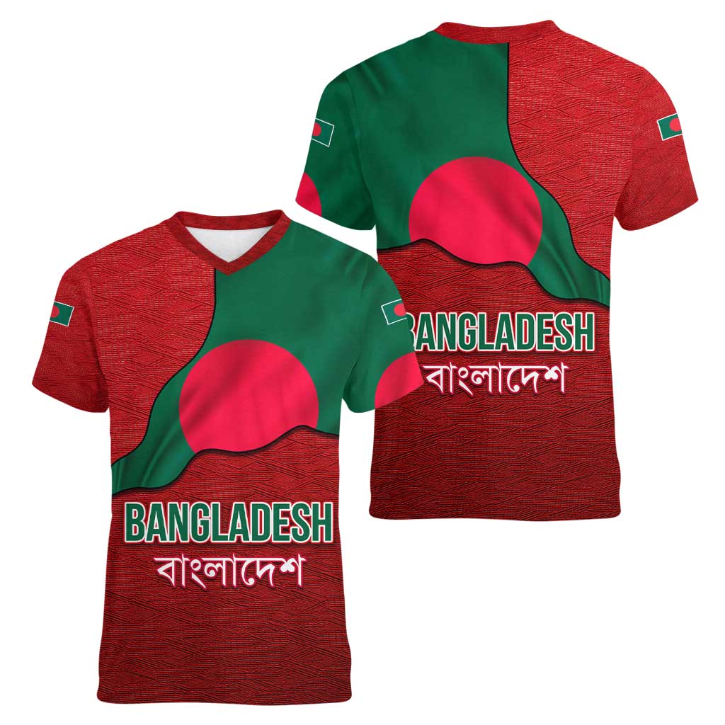 Bangladesh Women V-Neck T-Shirt with National Flag Design and Bengali Script