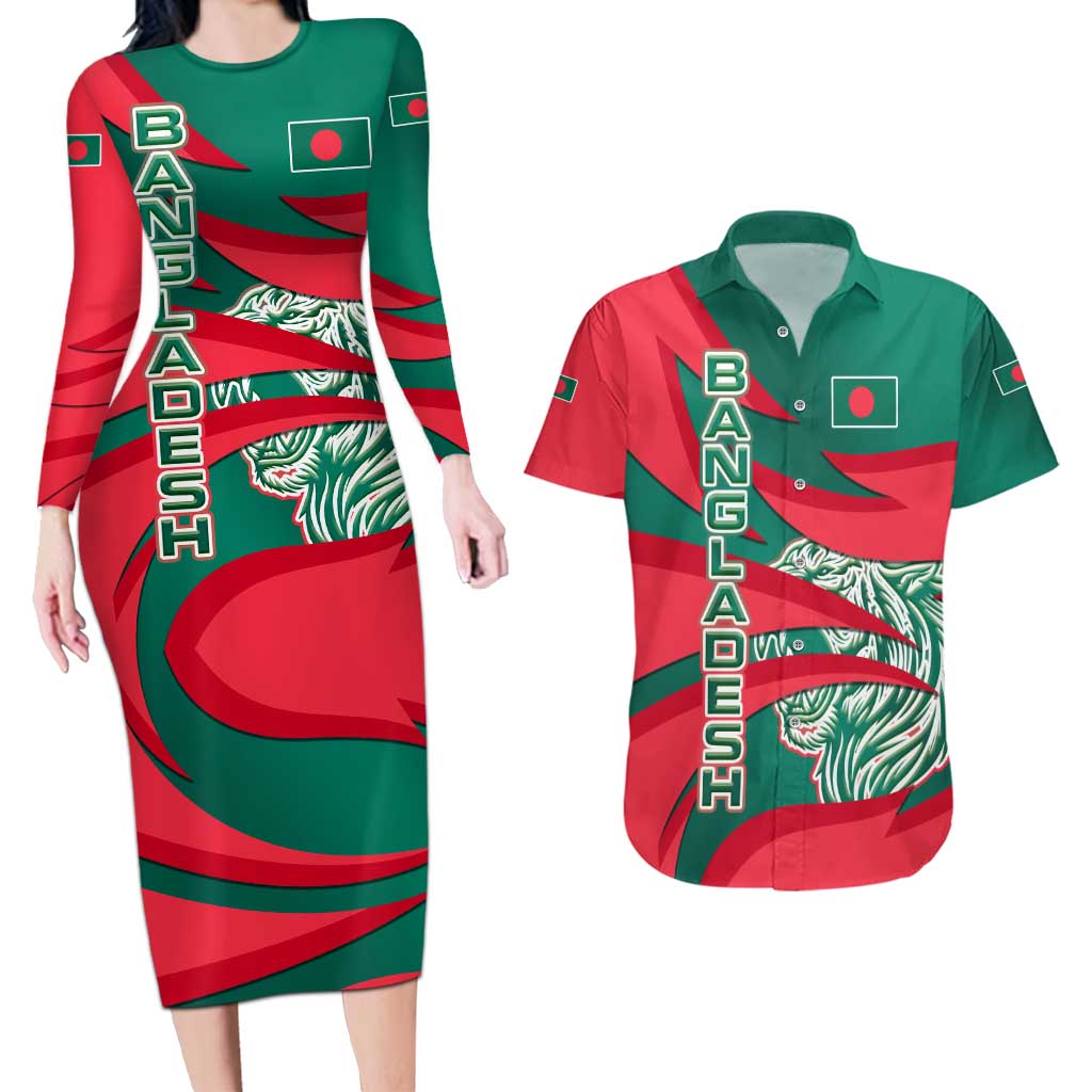 Bangladesh Couples Matching Long Sleeve Bodycon Dress and Hawaiian Shirt with Tiger Bengal Design and National Emblem Motif