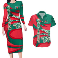 Bangladesh Couples Matching Long Sleeve Bodycon Dress and Hawaiian Shirt with Tiger Bengal Design and National Emblem Motif