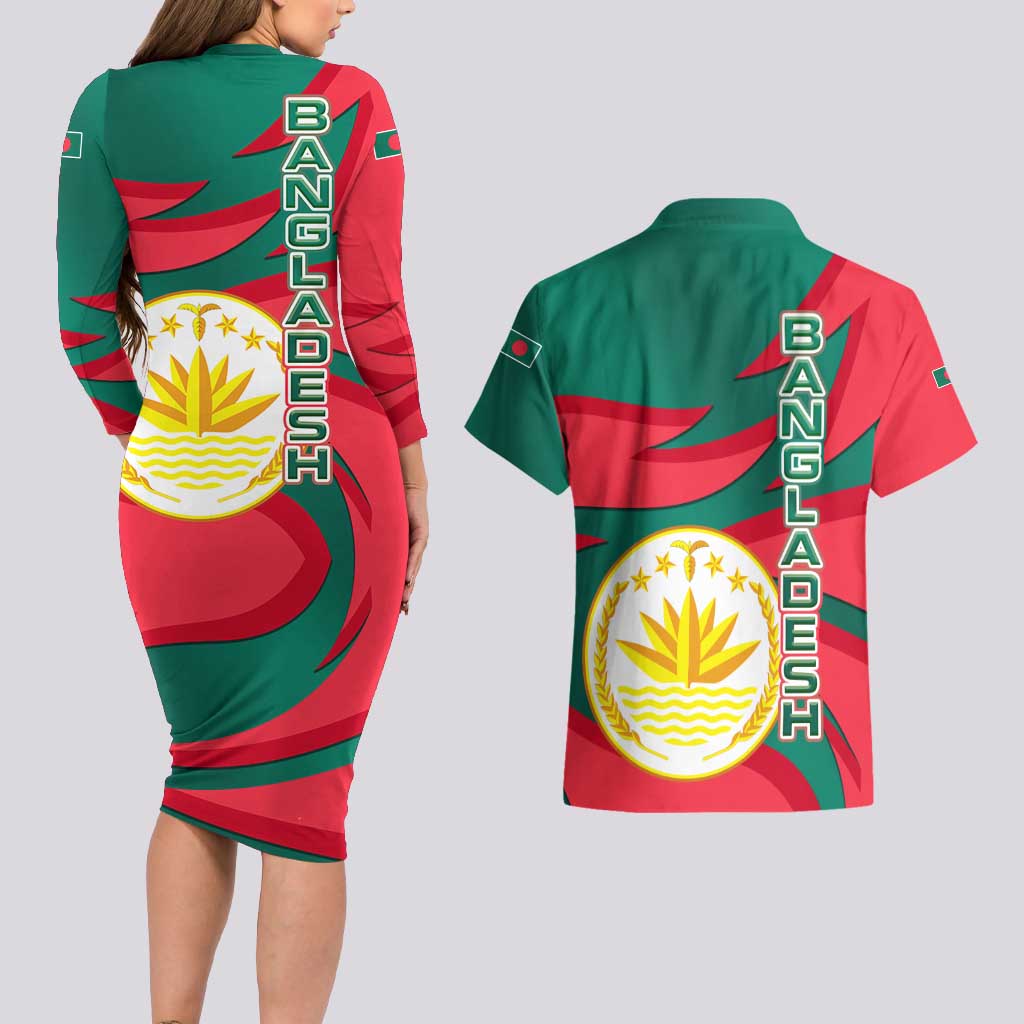 Bangladesh Couples Matching Long Sleeve Bodycon Dress and Hawaiian Shirt with Tiger Bengal Design and National Emblem Motif