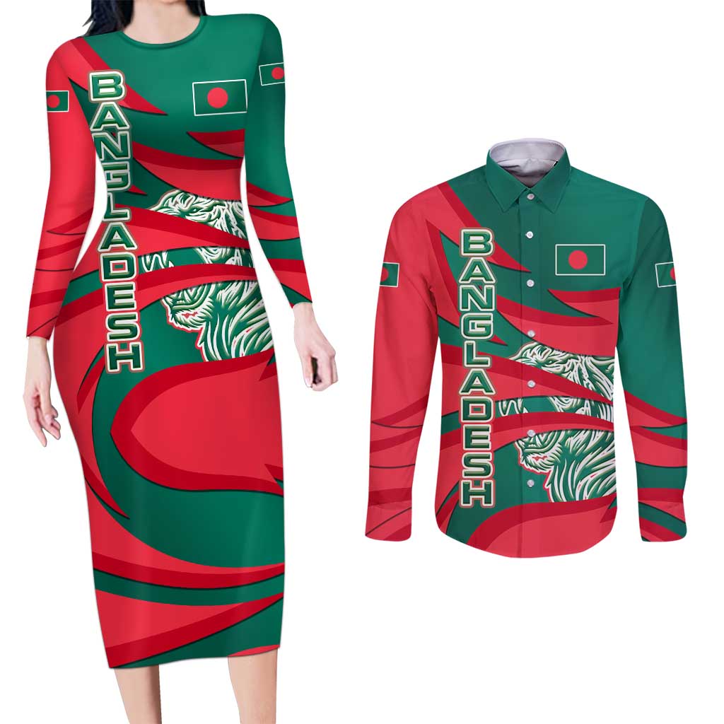 Bangladesh Couples Matching Long Sleeve Bodycon Dress and Long Sleeve Button Shirt with Tiger Bengal Design and National Emblem Motif