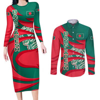 Bangladesh Couples Matching Long Sleeve Bodycon Dress and Long Sleeve Button Shirt with Tiger Bengal Design and National Emblem Motif