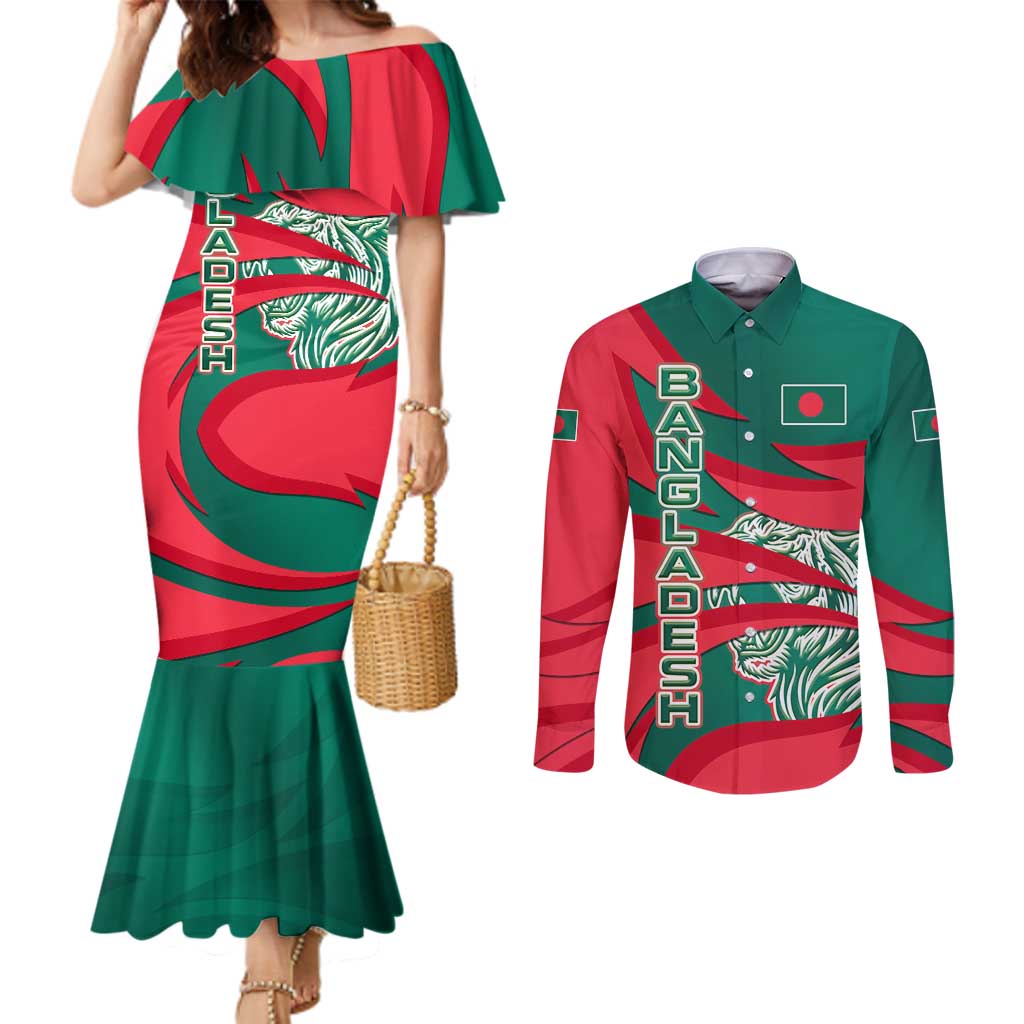 Bangladesh Couples Matching Mermaid Dress and Long Sleeve Button Shirt with Tiger Bengal Design and National Emblem Motif