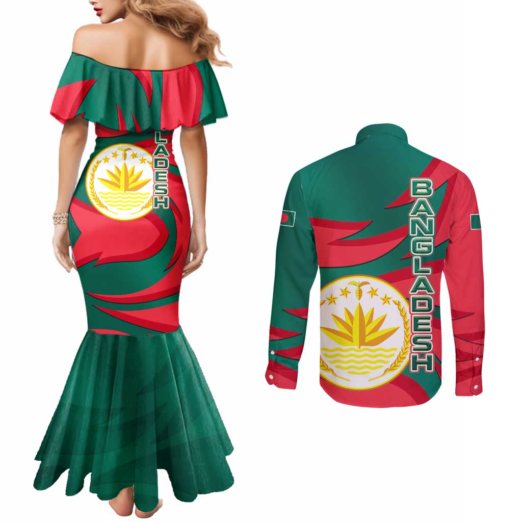 Bangladesh Couples Matching Mermaid Dress and Long Sleeve Button Shirt with Tiger Bengal Design and National Emblem Motif