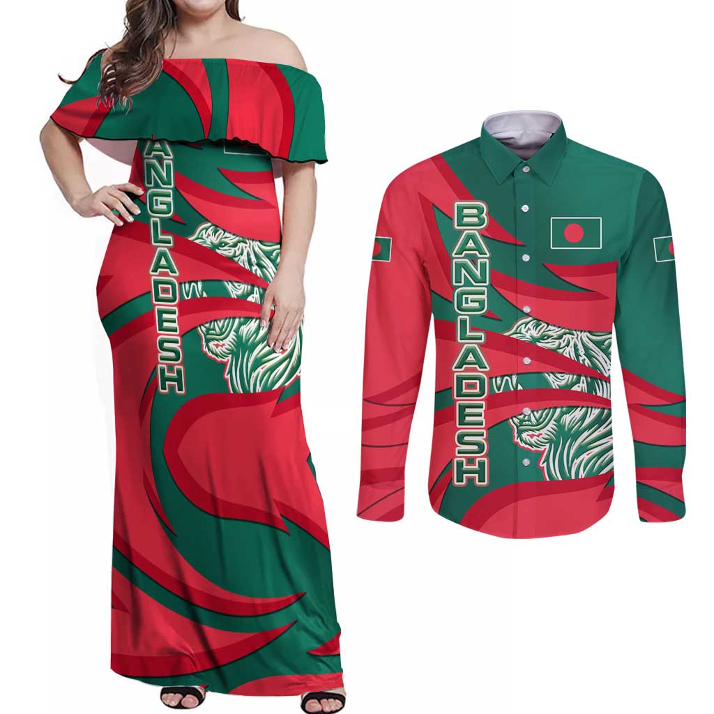Bangladesh Couples Matching Off Shoulder Maxi Dress and Long Sleeve Button Shirt with Tiger Bengal Design and National Emblem Motif