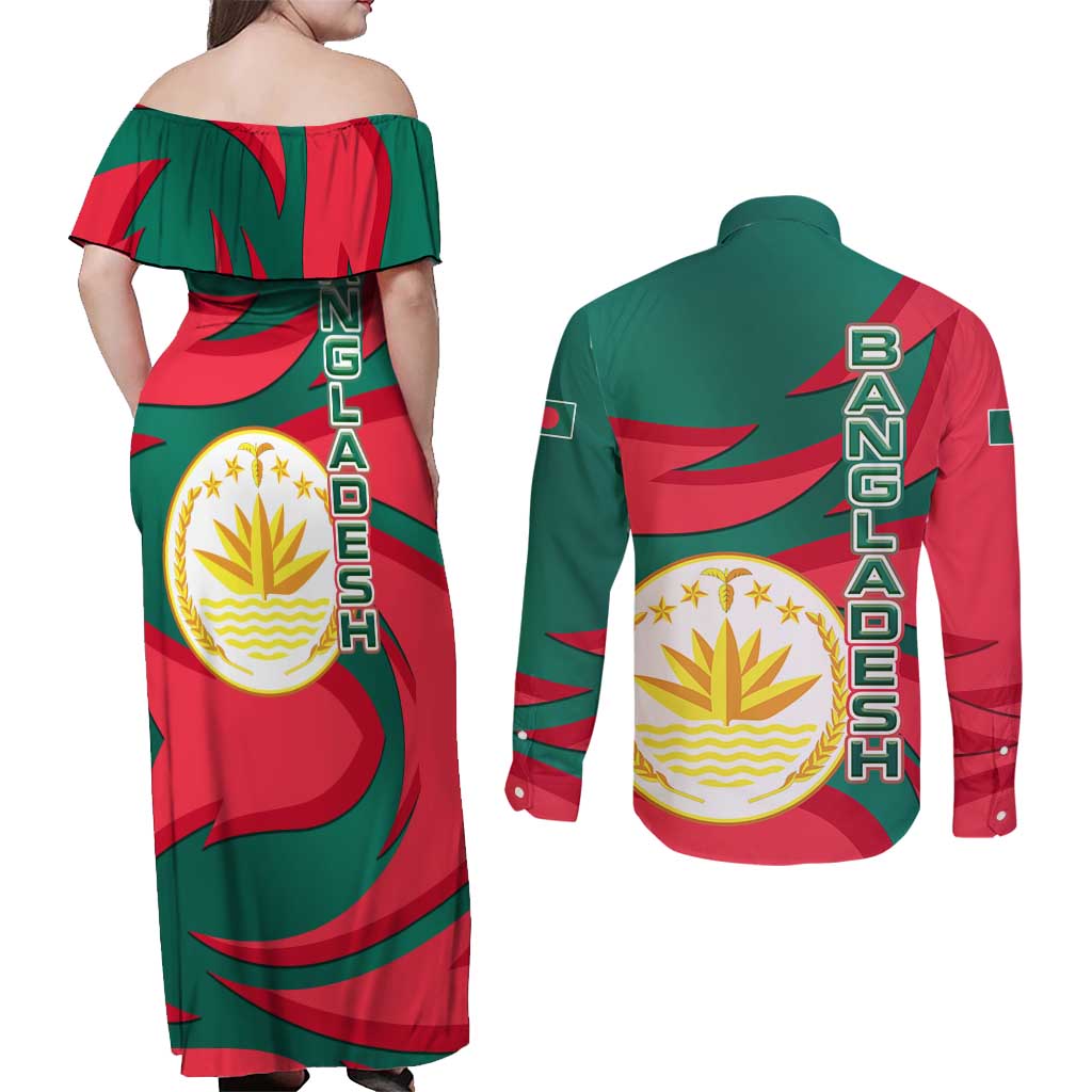 Bangladesh Couples Matching Off Shoulder Maxi Dress and Long Sleeve Button Shirt with Tiger Bengal Design and National Emblem Motif