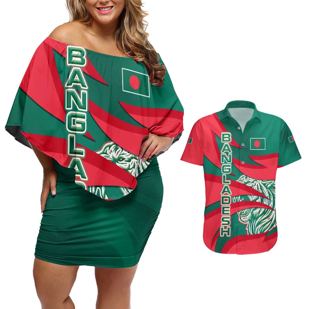 Bangladesh Couples Matching Off Shoulder Short Dress and Hawaiian Shirt with Tiger Bengal Design and National Emblem Motif