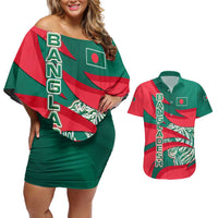 Bangladesh Couples Matching Off Shoulder Short Dress and Hawaiian Shirt with Tiger Bengal Design and National Emblem Motif