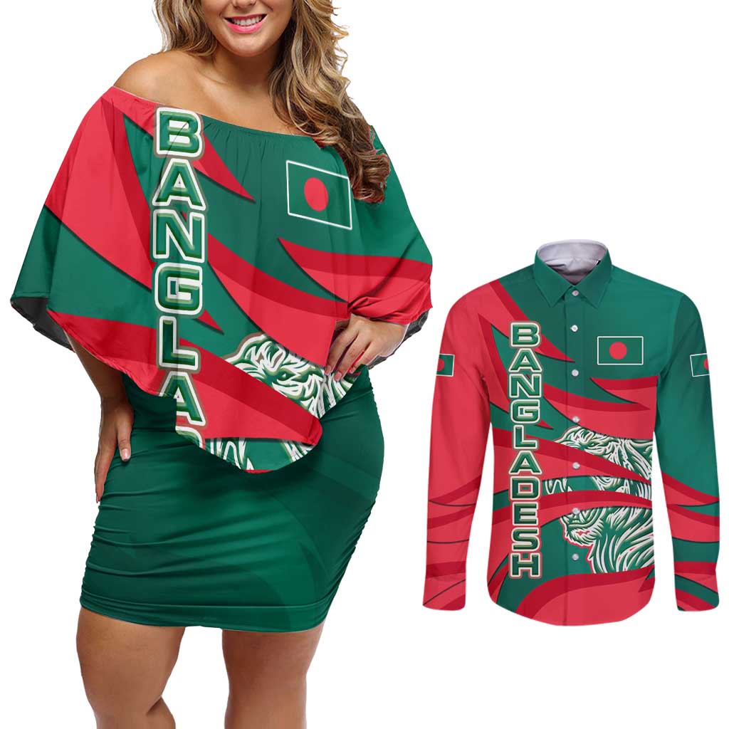 Bangladesh Couples Matching Off Shoulder Short Dress and Long Sleeve Button Shirt with Tiger Bengal Design and National Emblem Motif