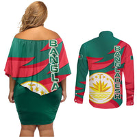 Bangladesh Couples Matching Off Shoulder Short Dress and Long Sleeve Button Shirt with Tiger Bengal Design and National Emblem Motif