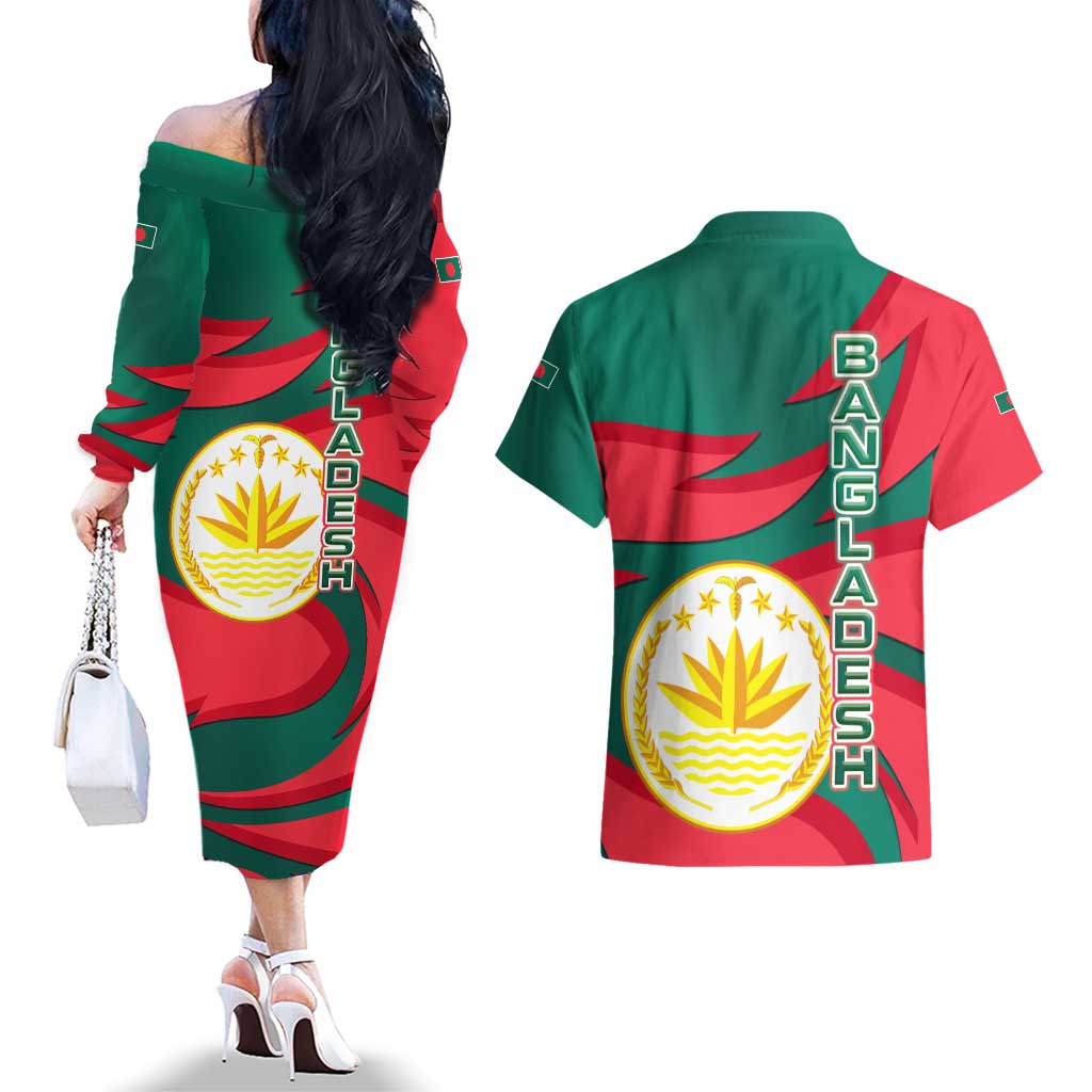 Bangladesh Couples Matching Off The Shoulder Long Sleeve Dress and Hawaiian Shirt with Tiger Bengal Design and National Emblem Motif
