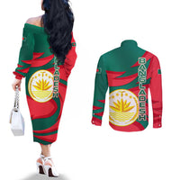 Bangladesh Couples Matching Off The Shoulder Long Sleeve Dress and Long Sleeve Button Shirt with Tiger Bengal Design and National Emblem Motif