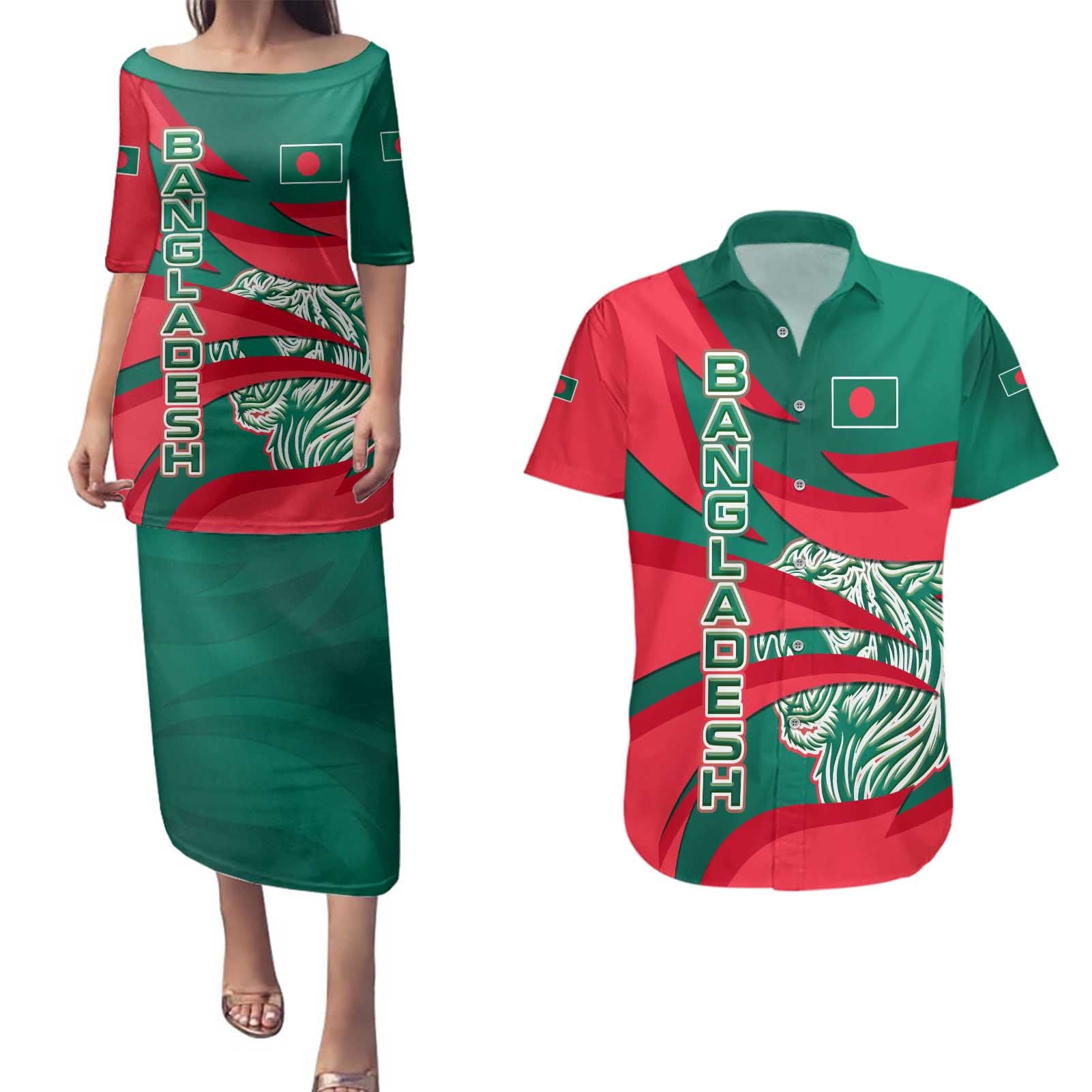 Bangladesh Couples Matching Puletasi and Hawaiian Shirt with Tiger Bengal Design and National Emblem Motif