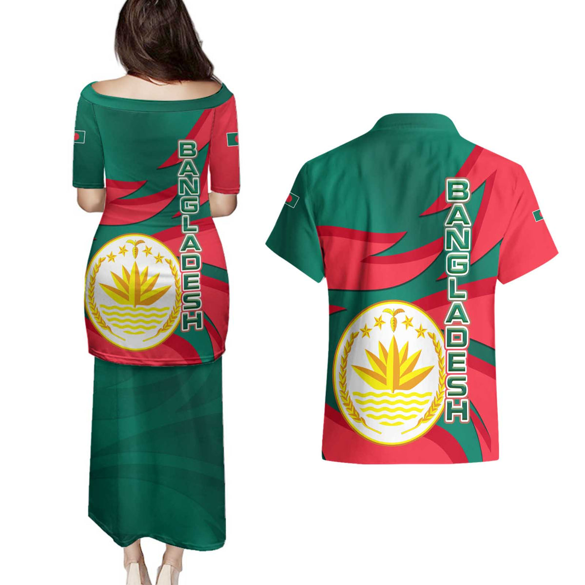 Bangladesh Couples Matching Puletasi and Hawaiian Shirt with Tiger Bengal Design and National Emblem Motif