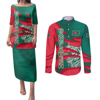 Bangladesh Couples Matching Puletasi and Long Sleeve Button Shirt with Tiger Bengal Design and National Emblem Motif