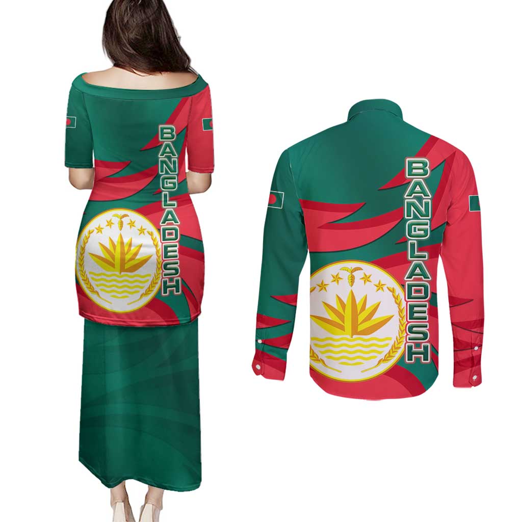 Bangladesh Couples Matching Puletasi and Long Sleeve Button Shirt with Tiger Bengal Design and National Emblem Motif