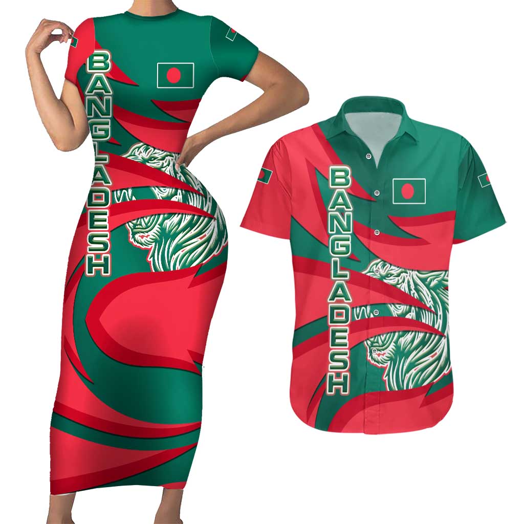 Bangladesh Couples Matching Short Sleeve Bodycon Dress and Hawaiian Shirt with Tiger Bengal Design and National Emblem Motif