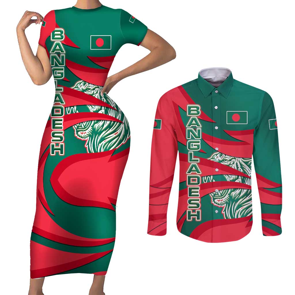 Bangladesh Couples Matching Short Sleeve Bodycon Dress and Long Sleeve Button Shirt with Tiger Bengal Design and National Emblem Motif
