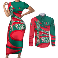 Bangladesh Couples Matching Short Sleeve Bodycon Dress and Long Sleeve Button Shirt with Tiger Bengal Design and National Emblem Motif