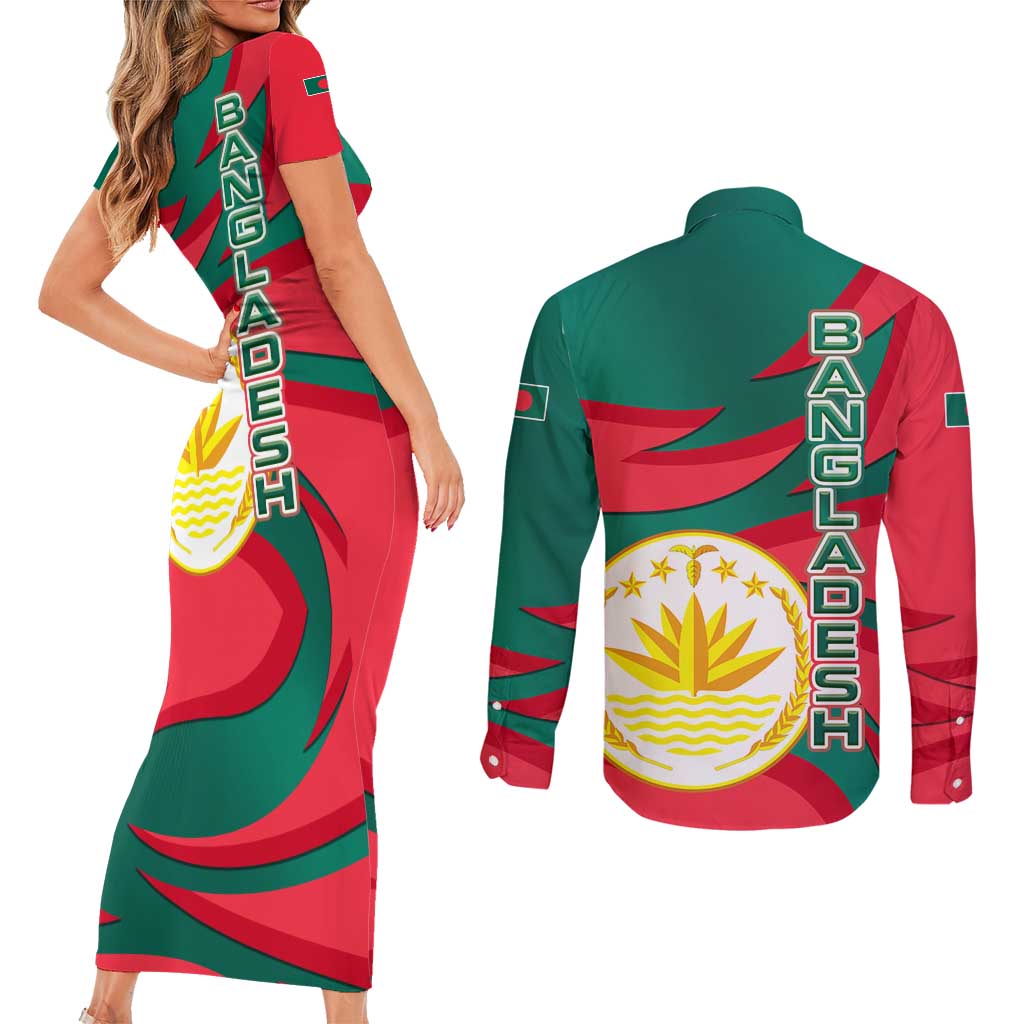 Bangladesh Couples Matching Short Sleeve Bodycon Dress and Long Sleeve Button Shirt with Tiger Bengal Design and National Emblem Motif