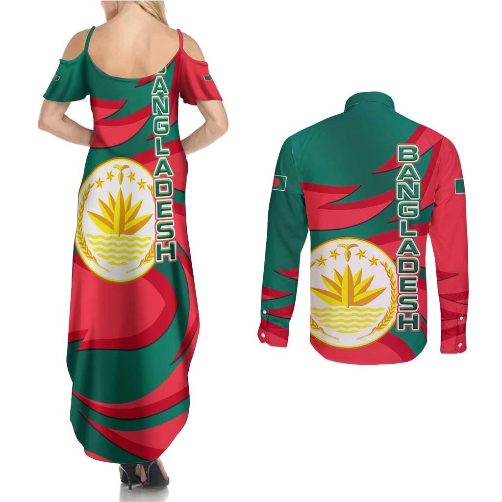 Bangladesh Couples Matching Summer Maxi Dress and Long Sleeve Button Shirt with Tiger Bengal Design and National Emblem Motif