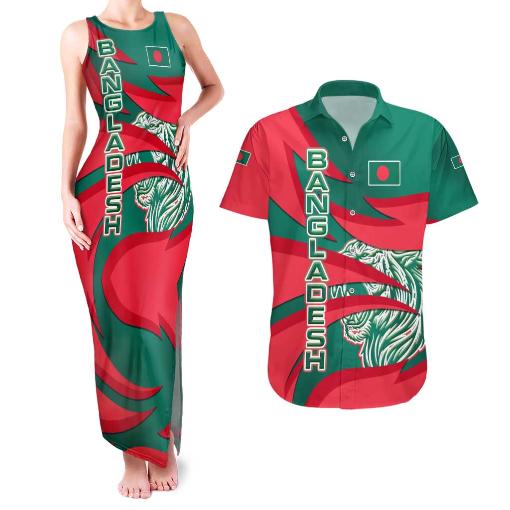 Bangladesh Couples Matching Tank Maxi Dress and Hawaiian Shirt with Tiger Bengal Design and National Emblem Motif