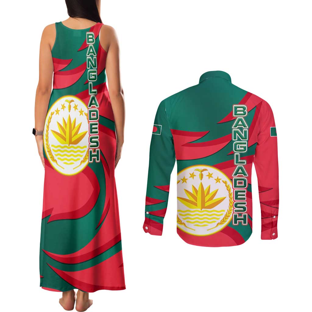 Bangladesh Couples Matching Tank Maxi Dress and Long Sleeve Button Shirt with Tiger Bengal Design and National Emblem Motif