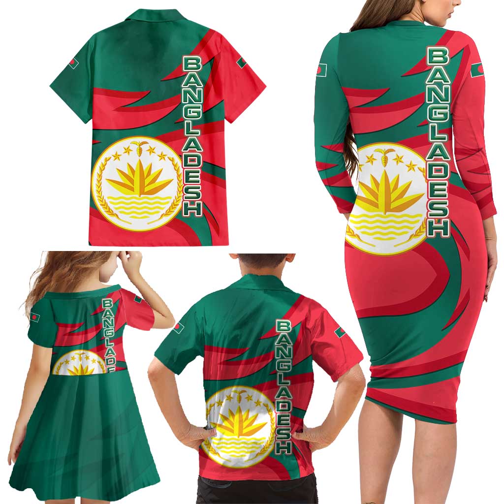 Bangladesh Family Matching Long Sleeve Bodycon Dress and Hawaiian Shirt with Tiger Bengal Design and National Emblem Motif