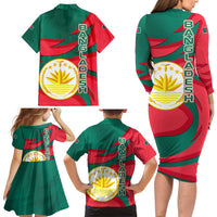 Bangladesh Family Matching Long Sleeve Bodycon Dress and Hawaiian Shirt with Tiger Bengal Design and National Emblem Motif