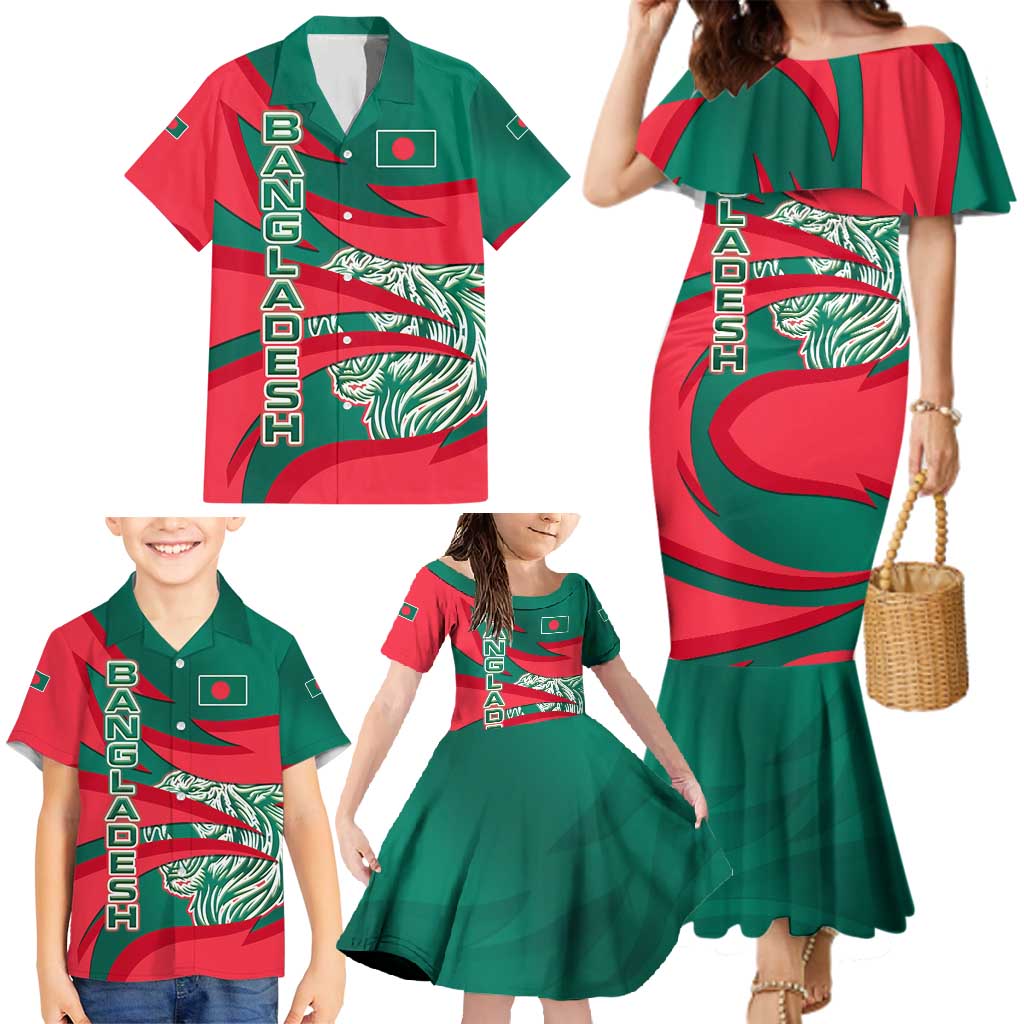 Bangladesh Family Matching Mermaid Dress and Hawaiian Shirt with Tiger Bengal Design and National Emblem Motif