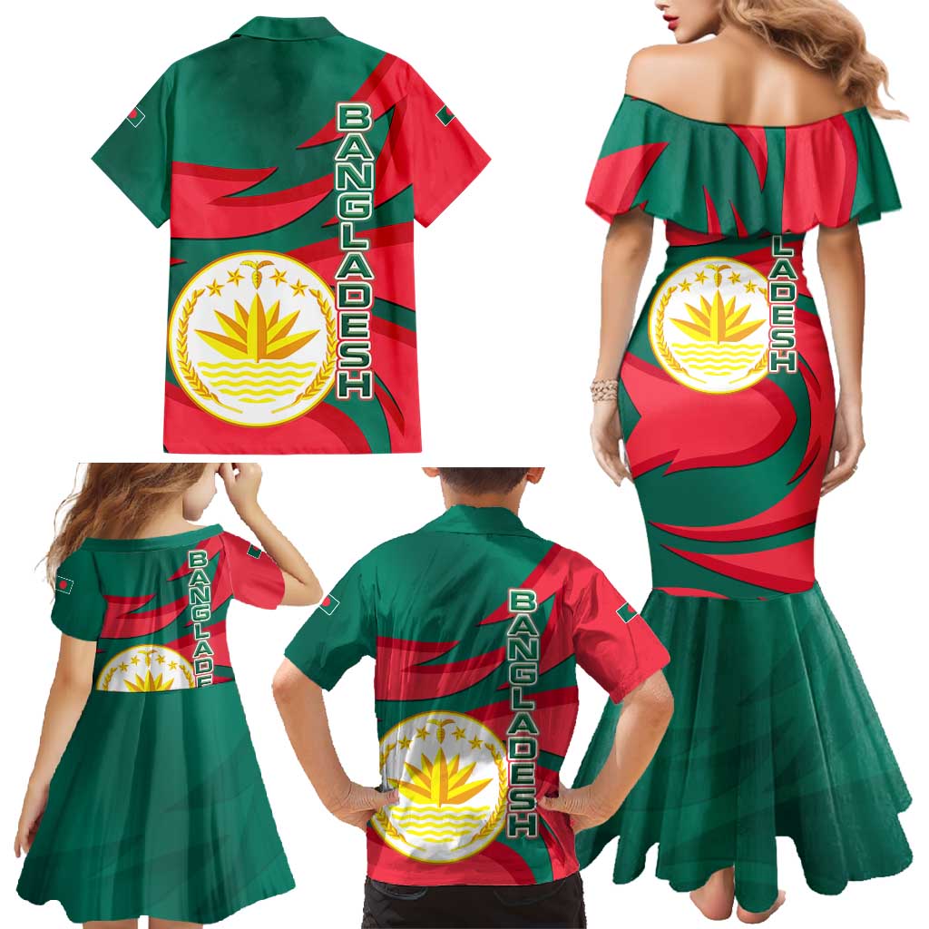 Bangladesh Family Matching Mermaid Dress and Hawaiian Shirt with Tiger Bengal Design and National Emblem Motif