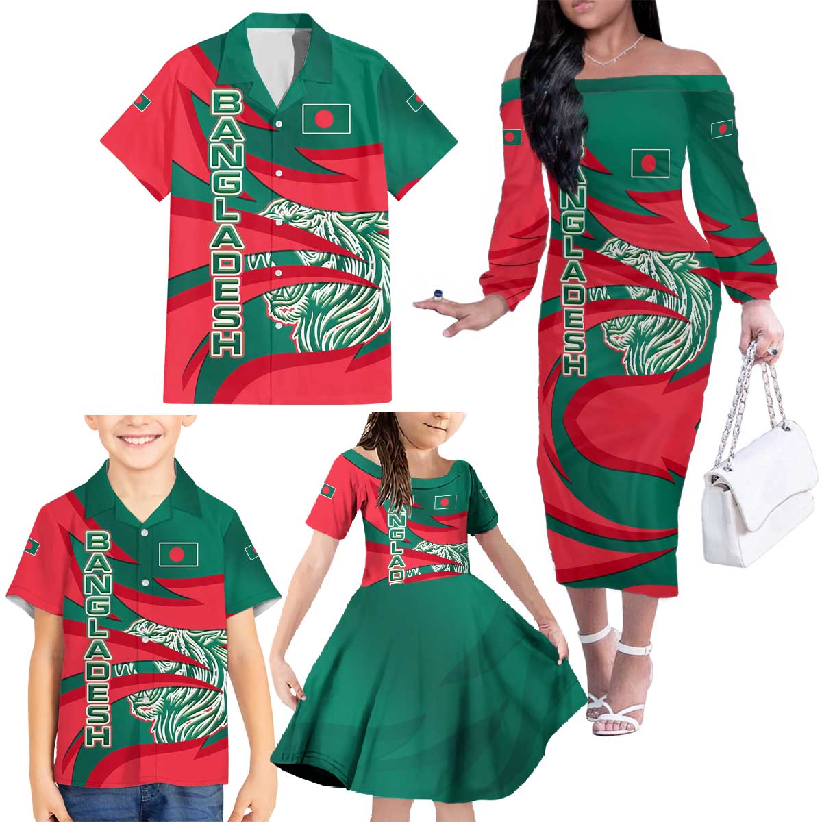 Bangladesh Family Matching Off The Shoulder Long Sleeve Dress and Hawaiian Shirt with Tiger Bengal Design and National Emblem Motif