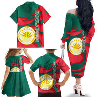 Bangladesh Family Matching Off The Shoulder Long Sleeve Dress and Hawaiian Shirt with Tiger Bengal Design and National Emblem Motif