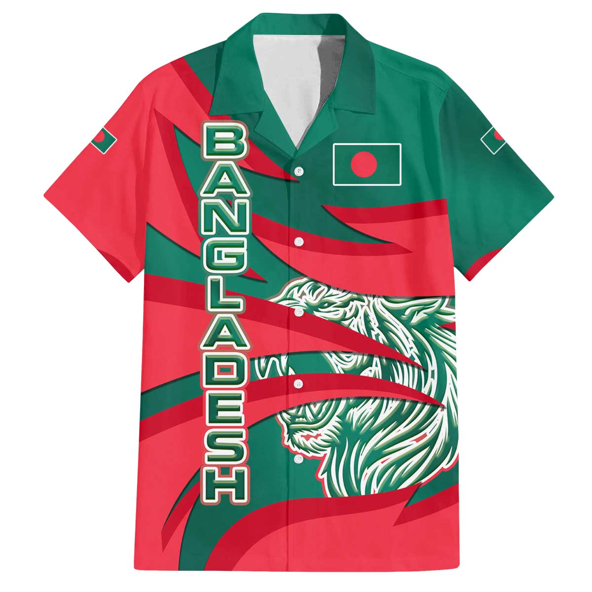 Bangladesh Family Matching Off The Shoulder Long Sleeve Dress and Hawaiian Shirt with Tiger Bengal Design and National Emblem Motif