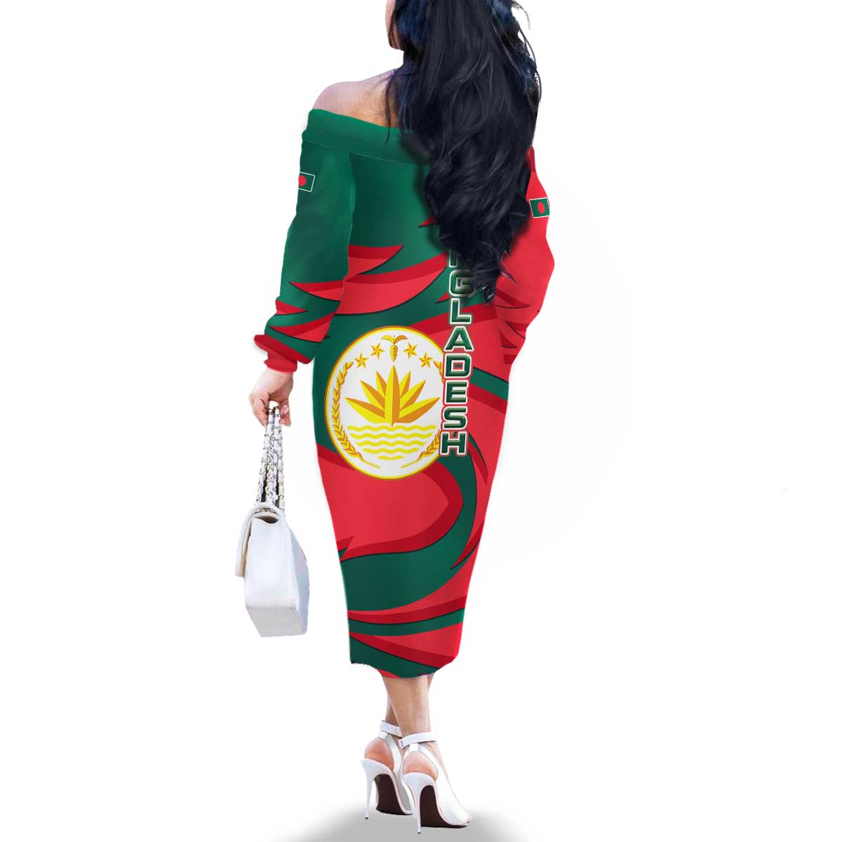 Bangladesh Family Matching Off The Shoulder Long Sleeve Dress and Hawaiian Shirt with Tiger Bengal Design and National Emblem Motif