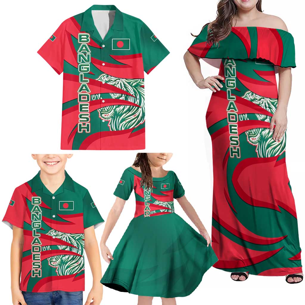 Bangladesh Family Matching Off Shoulder Maxi Dress and Hawaiian Shirt with Tiger Bengal Design and National Emblem Motif