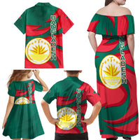 Bangladesh Family Matching Off Shoulder Maxi Dress and Hawaiian Shirt with Tiger Bengal Design and National Emblem Motif