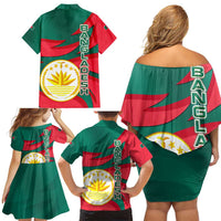 Bangladesh Family Matching Off Shoulder Short Dress and Hawaiian Shirt with Tiger Bengal Design and National Emblem Motif