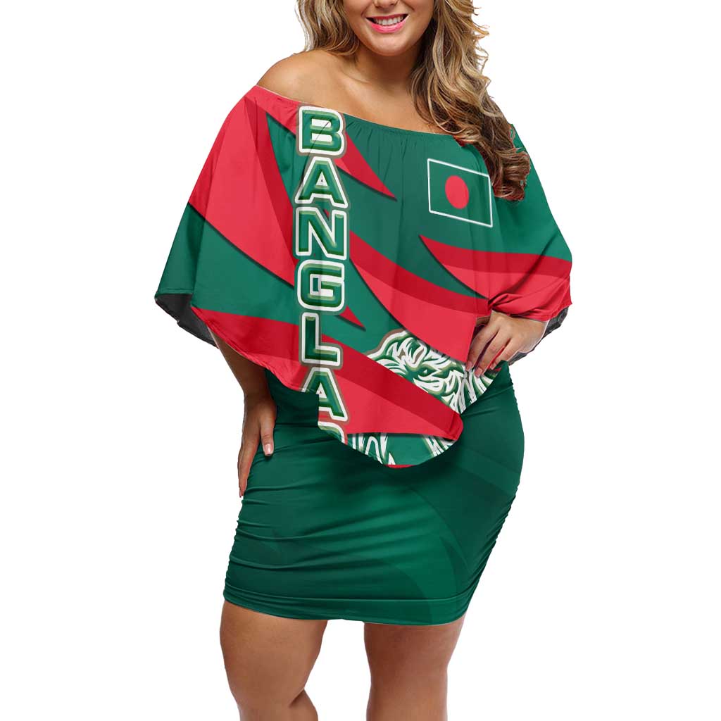 Bangladesh Family Matching Off Shoulder Short Dress and Hawaiian Shirt with Tiger Bengal Design and National Emblem Motif