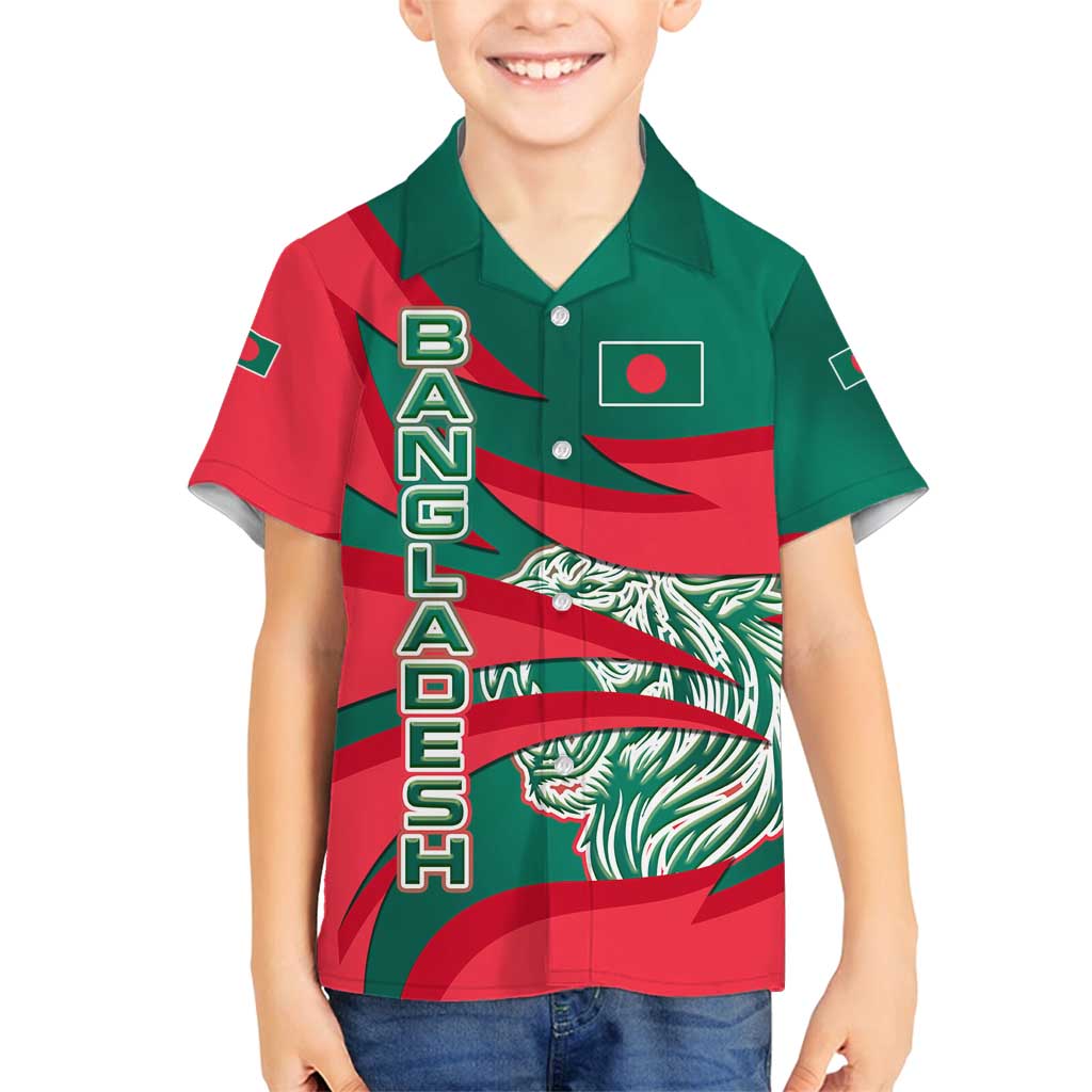 Bangladesh Family Matching Off Shoulder Short Dress and Hawaiian Shirt with Tiger Bengal Design and National Emblem Motif