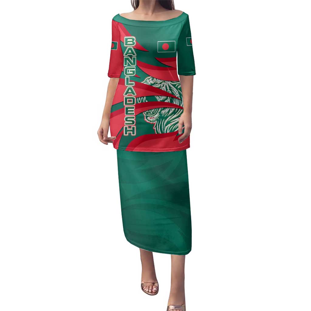 Bangladesh Family Matching Puletasi and Hawaiian Shirt with Tiger Bengal Design and National Emblem Motif