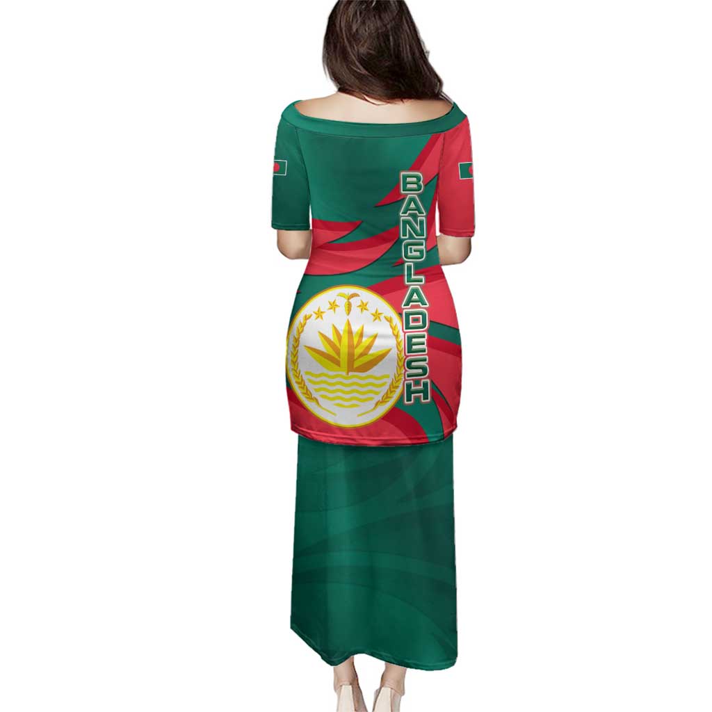 Bangladesh Family Matching Puletasi and Hawaiian Shirt with Tiger Bengal Design and National Emblem Motif