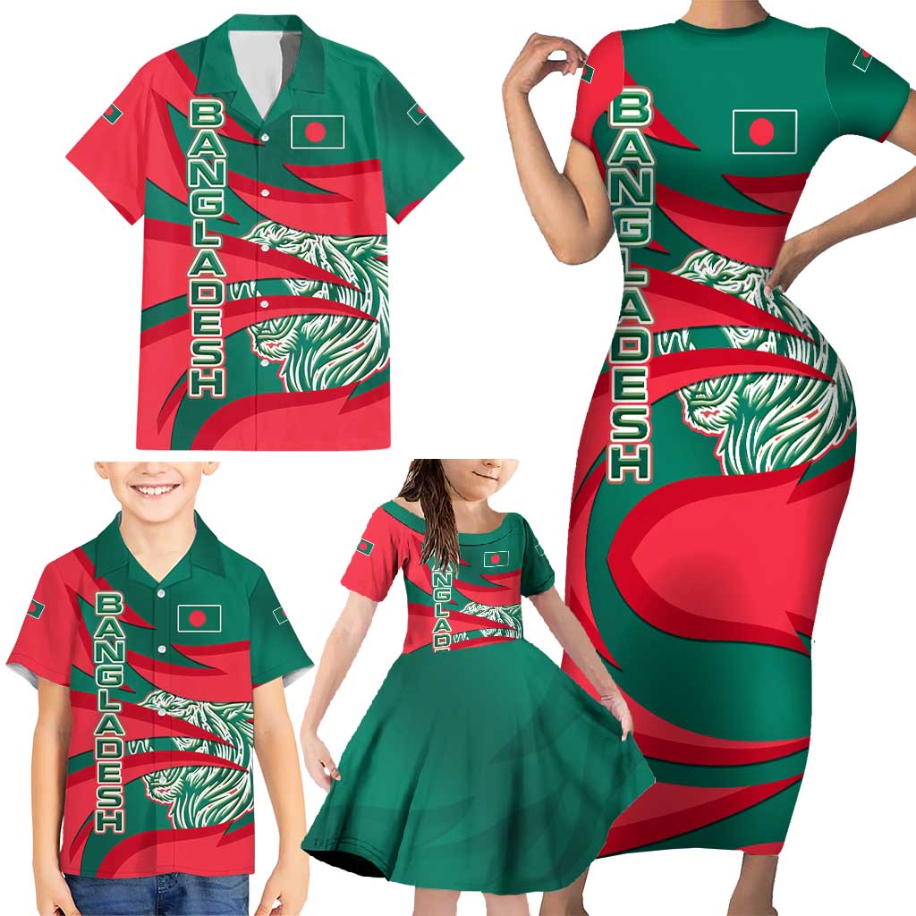 Bangladesh Family Matching Short Sleeve Bodycon Dress and Hawaiian Shirt with Tiger Bengal Design and National Emblem Motif