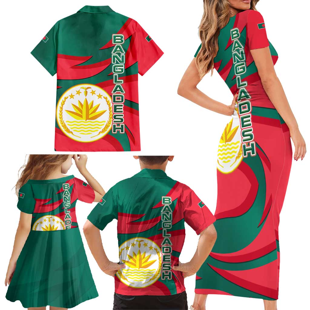 Bangladesh Family Matching Short Sleeve Bodycon Dress and Hawaiian Shirt with Tiger Bengal Design and National Emblem Motif
