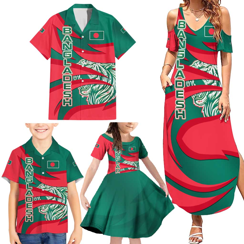 Bangladesh Family Matching Summer Maxi Dress and Hawaiian Shirt with Tiger Bengal Design and National Emblem Motif