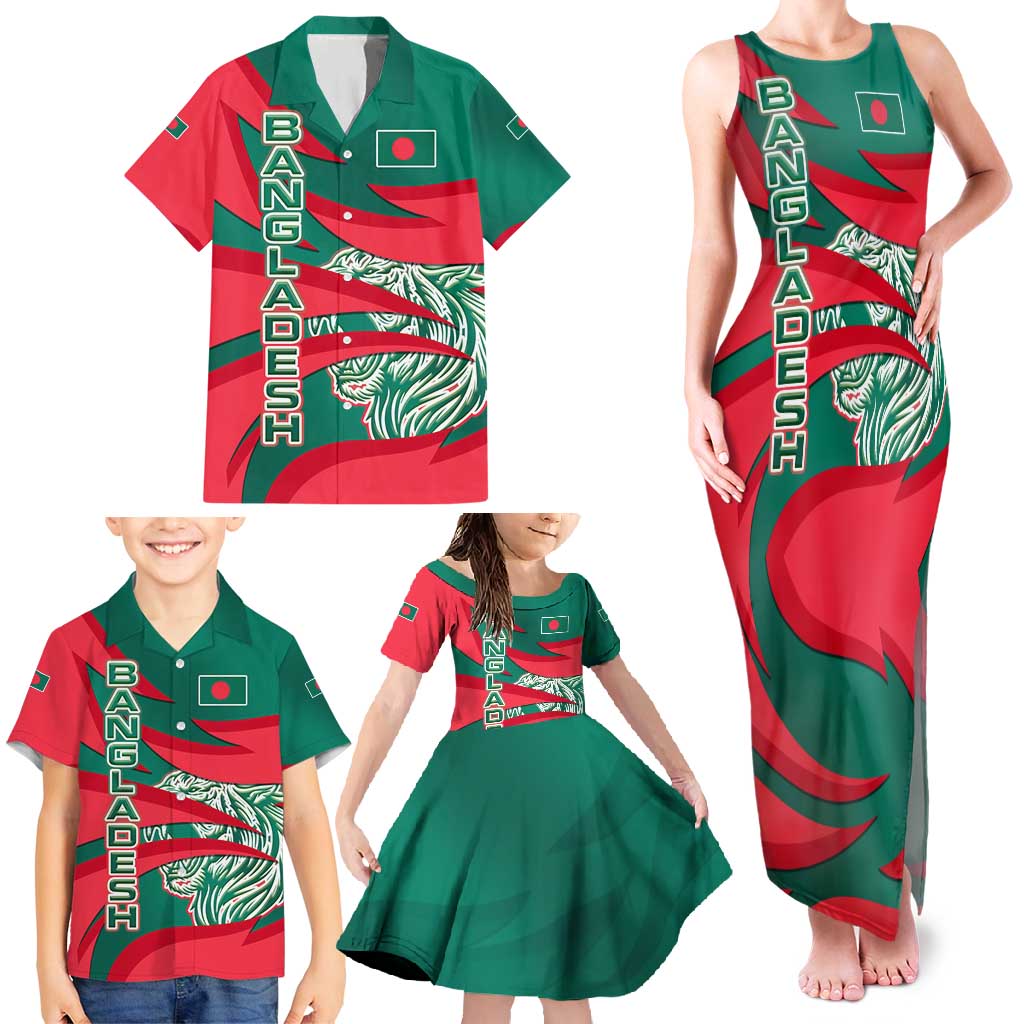 Bangladesh Family Matching Tank Maxi Dress and Hawaiian Shirt with Tiger Bengal Design and National Emblem Motif