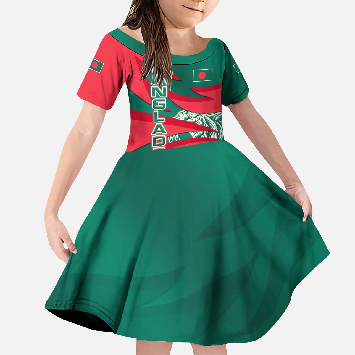 Bangladesh Kid Short Sleeve Dress with Tiger Bengal Design and National Emblem Motif