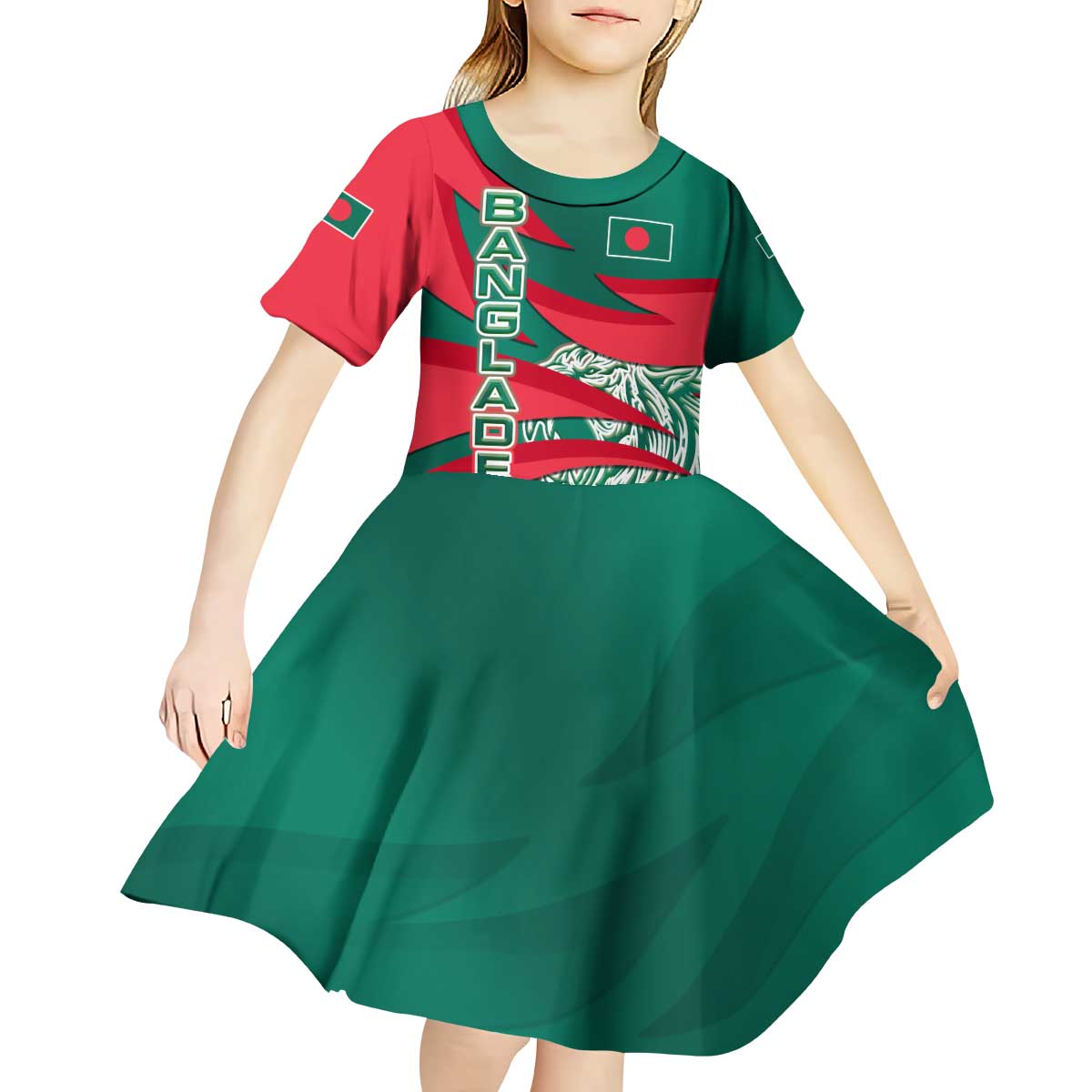 Bangladesh Kid Short Sleeve Dress with Tiger Bengal Design and National Emblem Motif